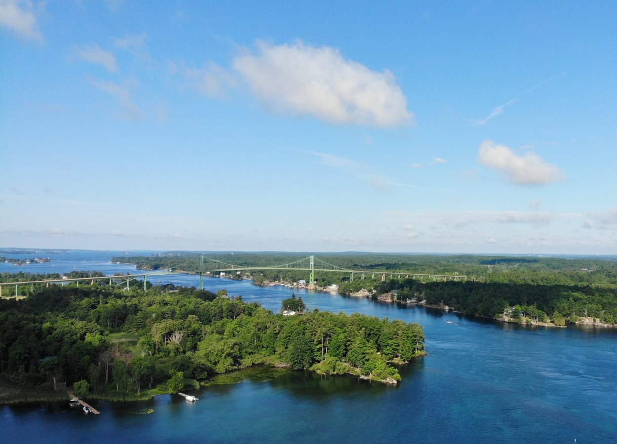 Aerial view of the Thousand Islands Bridge and St. Lawrence River